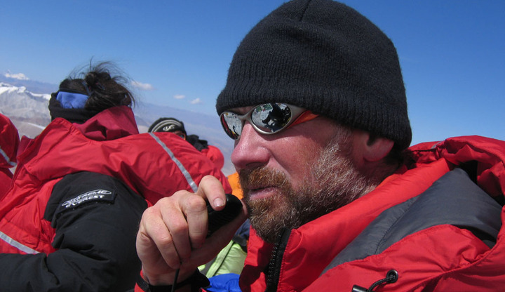 Mike Grocott radios Advance Base Camp